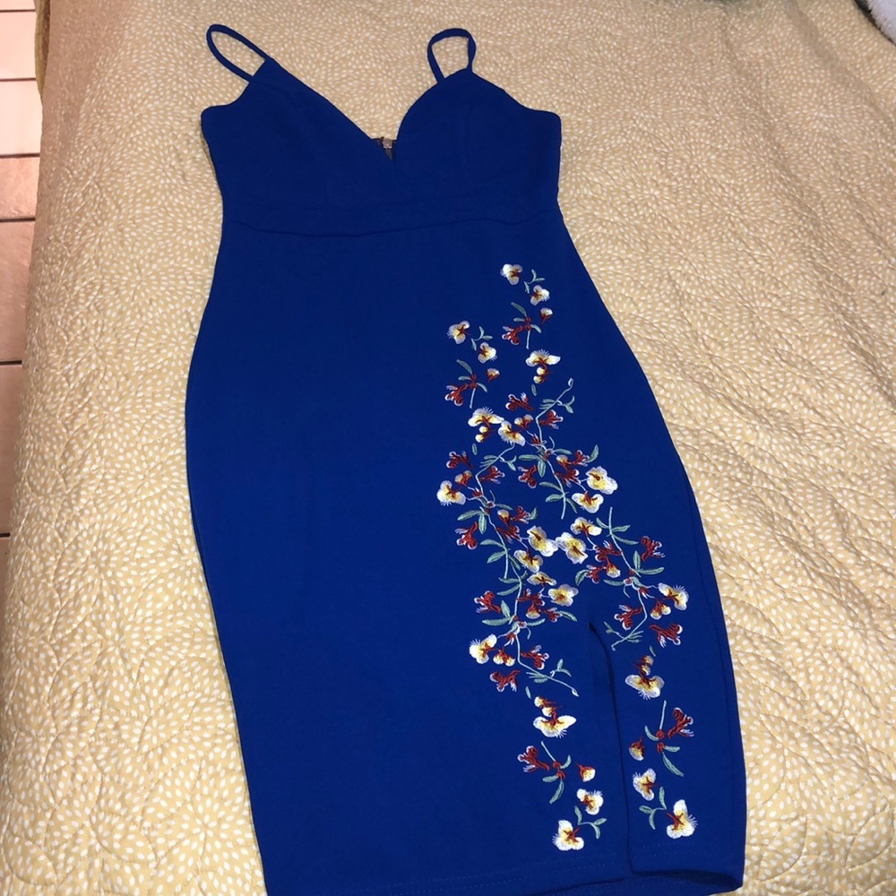 Open leg royal blue midi dress